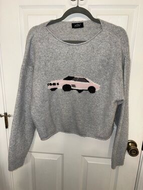 Gray Crewneck Sweater with Pink Car Motif